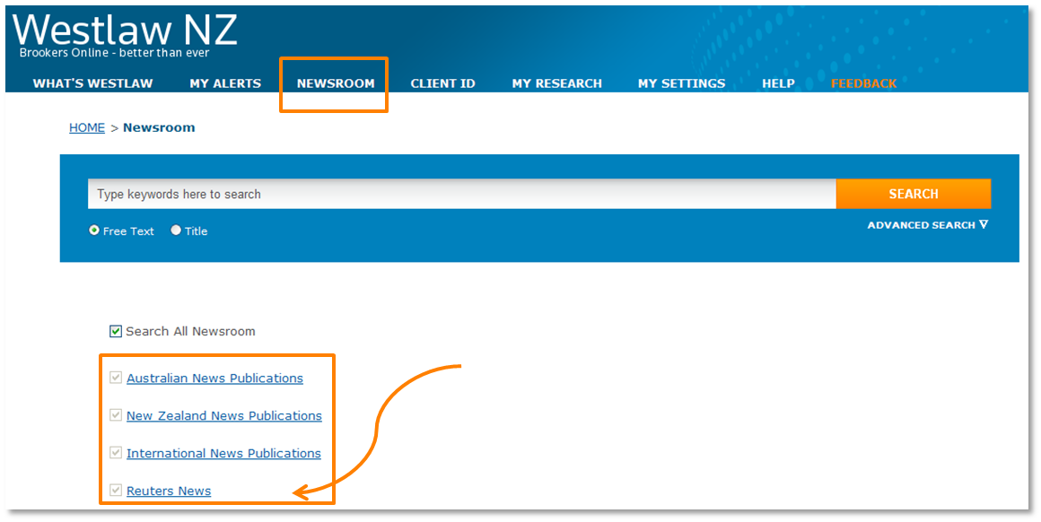 Westlaw NZ homepage showing newsroom