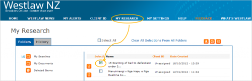Westlaw NZ legal information platform -screenshot of My research folder