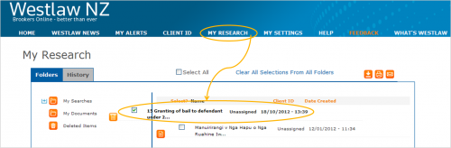 Westlaw NZ - legal information platform - screen shot of My Research