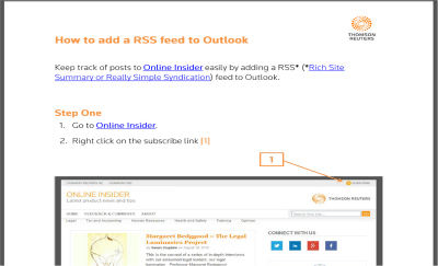Screenshot of pdf - how to set up an RSS Feed in Outlook