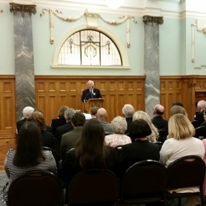 Sir Roger Douglas at the launch of GST in NZ, Parliament, Wellington, NZ