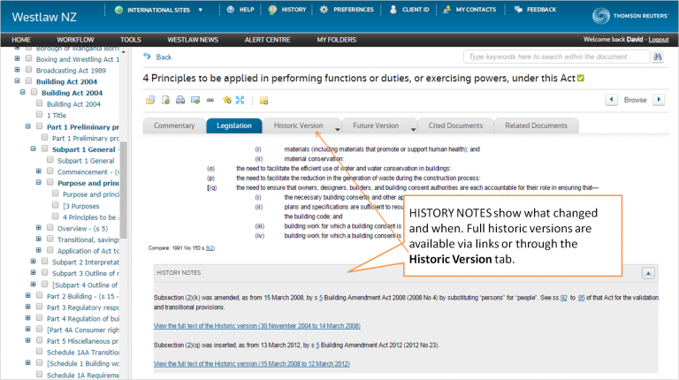 Westlaw NZ - legal research platform - historic versions of legislation