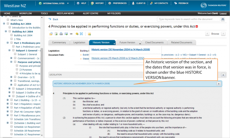 Westlaw NZ - legal research platform- historic versions of legislation 